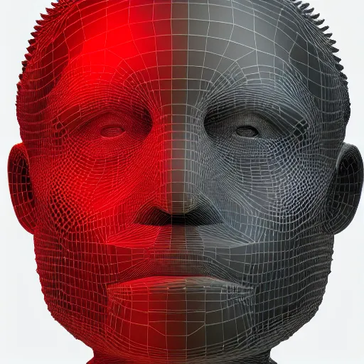 Prompt: highly detailed 3 d render of a cyborg head and face made from extreme numbers of electrical wires, red, black, silver, gold, by russian artist igor goryunov, 8 k resolution, photo realistic symmetrical