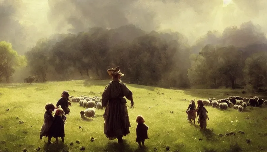 Image similar to simple villager shepherd and children with flocks of sheep in open fields, art by anders zorn, wonderful masterpiece by greg rutkowski, beautiful cinematic light, american romanticism thomas lawrence, greg rutkowski