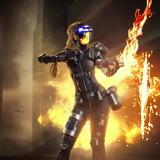 Prompt: photo of a female cyberpunk warrior with jetpack and flamethrower