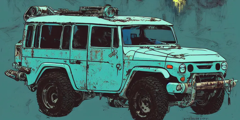 Image similar to digital illustration of a futuristic faded cyan mad max's fj 4 0 decrepit!!!! pursuit special, rusty!!! cyberpunk nissan fj cruiser heavily modded 1 9 9 0 s, the last v 8 interceptor by makoto shinkai, ilya kuvshinov, lois van baarle, rossdraws, basquiat