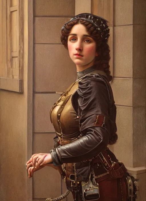 Prompt: intricate oil painting portrait by John William Godward and Anna Dittman depicting a female steampunk explorer in bright outdoor hallway, evening, atmospheric lighting, intricate detail, cgsociety, hyperrealistic, octane render, RPG portrait, ambient light, dynamic lighting