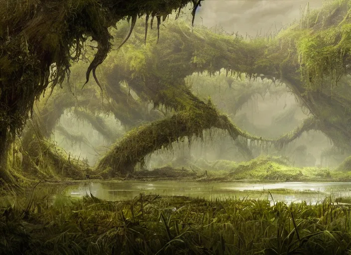 Image similar to matte painting of a huge swamp, overgrown with lush vines, immaculate scale, greg rutkowski, digital art, trending on artstation, detailed matte painting