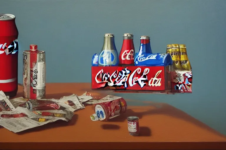 Prompt: a contemporary still life painting of modern consumerism by simon stalenhag and thomas kinkade, oil on canvas, a table covered with blue cloth, coca - cola can, a red cigarette pack, a vase of flowers, tea light candles, trending on artstation