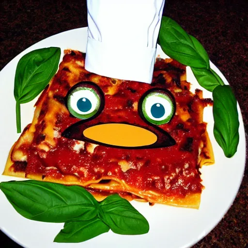 Image similar to platypus wearing a chef hat while holding a lasagna with three basil leaves over the lasagna