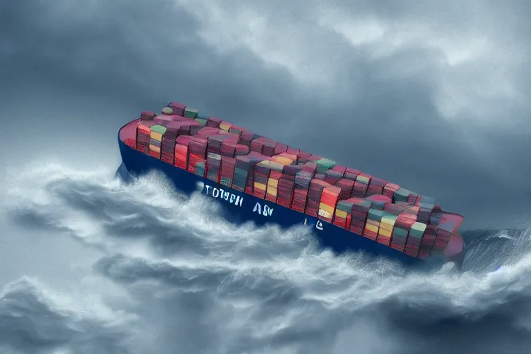 Image similar to container ship in a storm, in the style of vernon grant and chris van allsburg, raging stormy sea, trending on artstation, bright tilt - shift camcorder effect, photoshop, retrowave, hyperrealism, octane, sharp focus, masterpiece