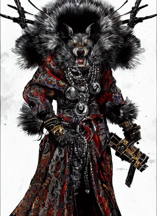 Prompt: Full body portrait of a sly gnoll assassin in ornate hooded robe with white fur, emanating menacing aura, vibrant colours, chosen by the god, ornate. In style of Yoji Shinkawa and Hyung-tae Kim, trending on ArtStation, dark fantasy, great composition, concept art, highly detailed, dynamic pose.