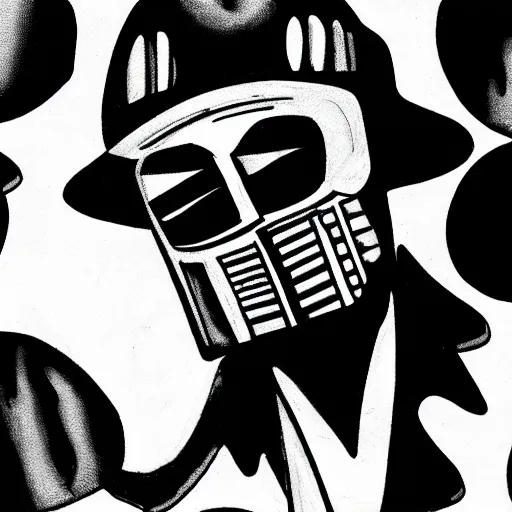 Image similar to cartoon mf doom on a stage with a full band behind him