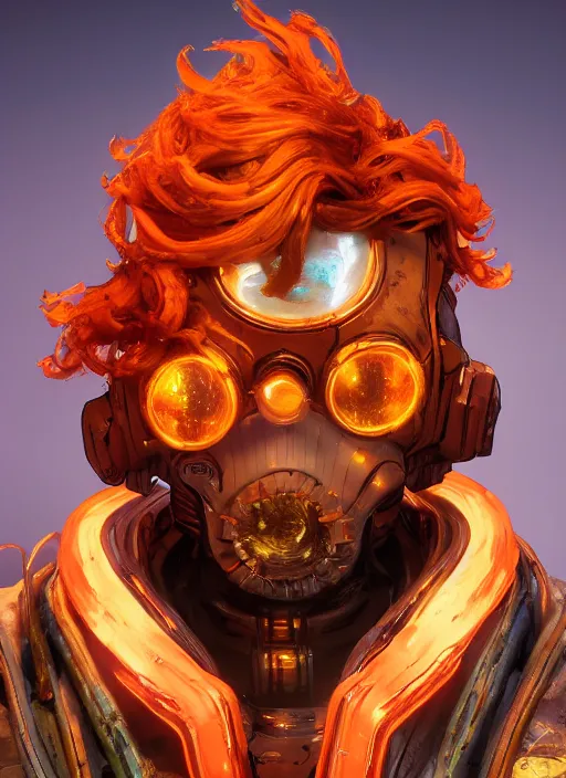 Image similar to glowwave portrait of curly orange hair man from borderlands 3, au naturel, hyper detailed, digital art, trending in artstation, cinematic lighting, studio quality, smooth render, unreal engine 5 rendered, octane rendered, art style by klimt and nixeu and ian sprigger and wlop and krenz cushart.