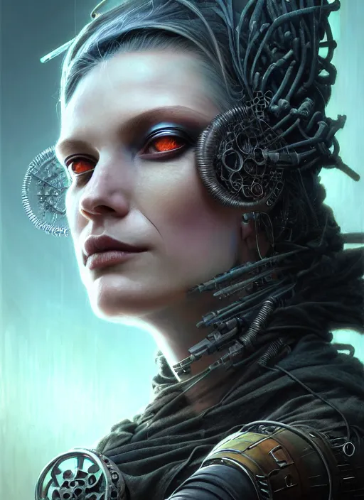 Prompt: closeup portrait shot of a cyberpunk witch in a scenic dystopian environment, intricate, elegant, highly detailed, centered, digital painting, artstation, concept art, smooth, sharp focus, illustration, artgerm, tomasz alen kopera, peter mohrbacher, donato giancola, joseph christian leyendecker, wlop, boris vallejo