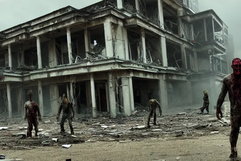 Image similar to dystopian hazmat chased by zombie in dilapidated building. by Roger Deakins