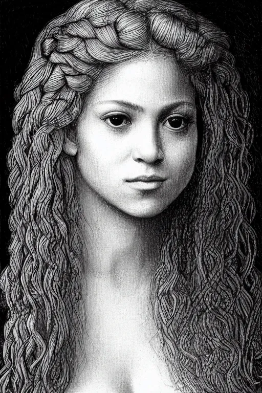 Image similar to a portrait of shakira in the style of leonardo da vinci drawing,, single head, no double head,