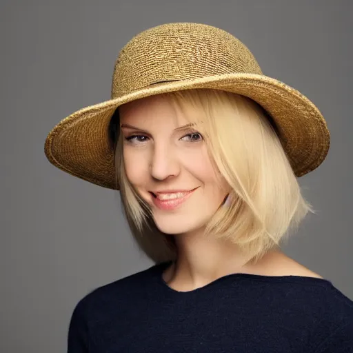 Prompt: portrait tres jolie d'une souriante femme 2 5 ans, cheveux moyen jaune blonde caractere avec un chapeau orange, cheveaux sorte un peu du chapeau, la femme mets sa main sur le chapeau pour essayer de le retenir.