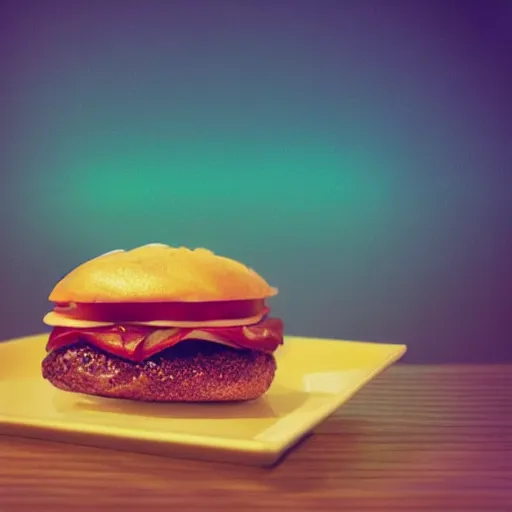 Prompt: synthwave hamburger with a sesame seed bun.