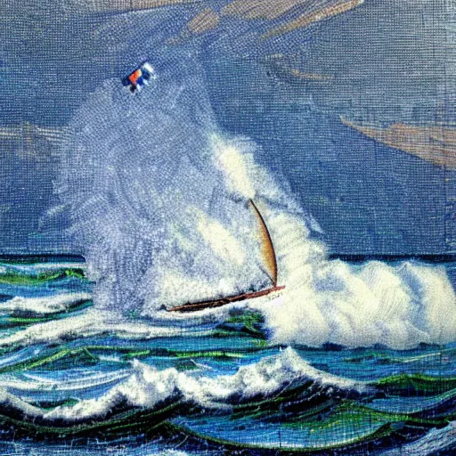 Image similar to sailing boat in storm, dramatic sunrise, huge waves, mosaic,