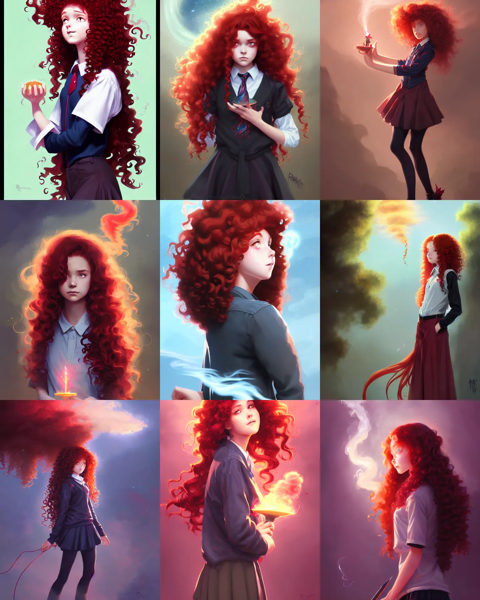 Prompt: teen girl witch, flowing curly red hair, magic practice, wispy smoke in the air, magic school student uniform, gorgeous digital painting, trending on artstation, sharp focus, illustration, art by Ross Tran and Greg Rutkowski