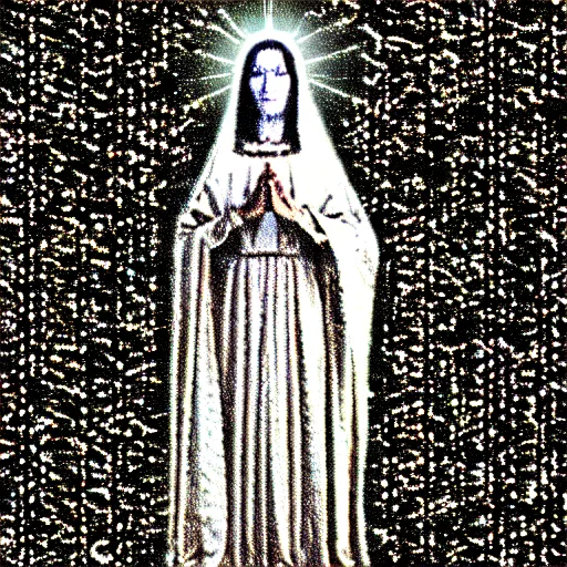 Image similar to vhs static overlay of marian apparition, vhs, 1 9 9 0, highly realistic, highly detailed, vhs noise static, black and white, vhs glitch