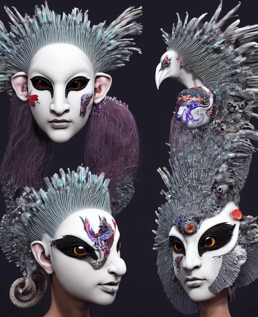 Image similar to 3 d goddess close - up profile portrait punk with mohawk with ram skull. beautiful intricately detailed japanese crow kitsune mask and clasical japanese kimono. betta fish, jellyfish phoenix, bio luminescent, plasma, ice, water, wind, creature, artwork by tooth wu and wlop and beeple and greg rutkowski