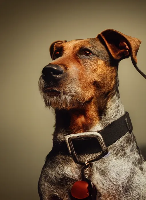 Image similar to closeup portrait of a hunting terrier smoking a cigare, depth of field, zeiss lens, detailed, centered, by Annie Leibovitz and Steve McCurry, David Lazar, Jimmy Nelsson, Breathtaking, 8k resolution, extremely detailed, beautiful, establishing shot, artistic, hyperrealistic, beautiful face, octane render