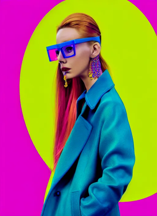 Prompt: coat for a rave, neat glasses,hairstyle, big earrings, bright soft colors, soft yellow background, many details, prints, photo for a magazine, photo for a store, fashion photography, Vogue, 135 mm, cinematic, hyper realism, high detail, octane render, 8k, chrome accents, very coherent symmetrical artwork, perfect face model, Soft light, Reduced contrast