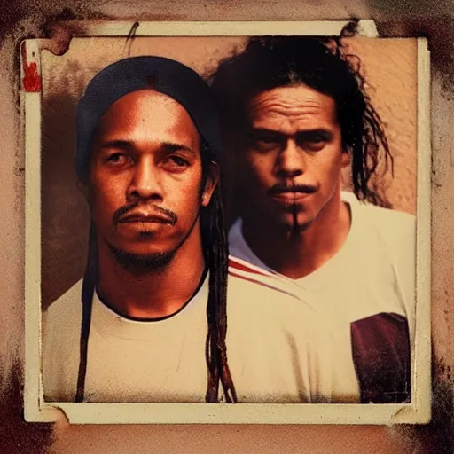 Image similar to polaroid picture, sepia, ronaldinho gaucho and homeless manu chao in a paraguayan prison, perfect face, symmetrical face, fine details, day setting, ethereal, trending on artstation