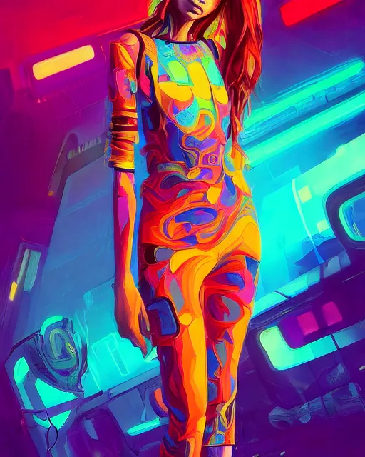 Prompt: colorful full body portrait of a hippie, set in the future 2 1 5 0 | highly detailed | very intricate | symmetrical | professional model | cinematic lighting | award - winning | painted by mandy jurgens and ross tran | pan futurism, dystopian, bold psychedelic colors, cyberpunk, groovy vibe, anime aesthestic | featured on artstation