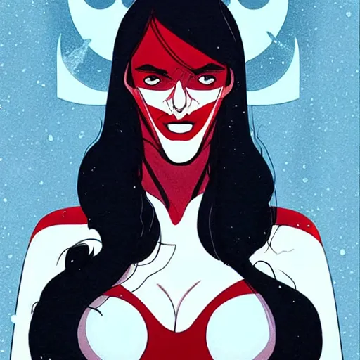 Image similar to Rafeal Albuquerque comic art, Joshua Middleton comic art, pretty female Phoebe Tonkin,l vampire, fully red eyes no pupils sharp vampire teeth open mouth evil smile, horror, symmetrical face, symmetrical eyes, pretty white dress, short black hair, full body:: snow outside::