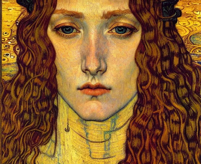 Image similar to detailed realistic beautiful young medieval queen face portrait by jean delville, gustav klimt and vincent van gogh, art nouveau, symbolist, visionary, gothic, pre - raphaelite, muted earthy colors, desaturated