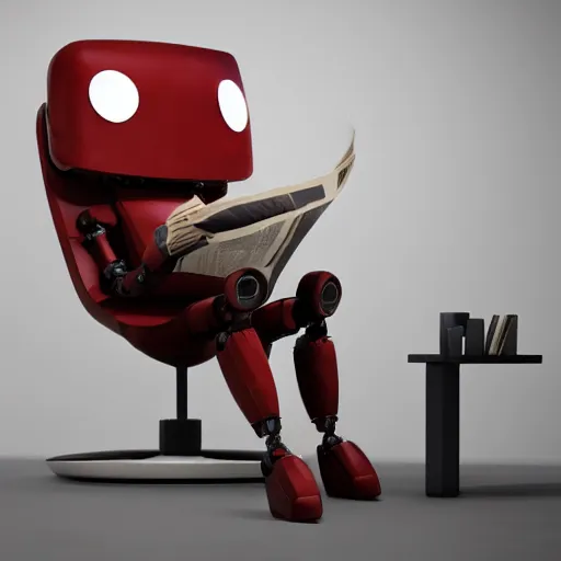 Image similar to futuristic lonely matte brown and red full-body humanoid robot with two huge round expressive sad purple glowing LED eyes and open rectangular mouth sitting on a large comfortable cushioned 1950s vintage recliner reading a newspaper. open newspaper. Cinematic Movie Photograph, Arri Alexa, Extremely Detailed, smooth, very very clean, 8K, octane render, maya render, unreal engine, trending on artstation, DSLR, excellent composition, center frame