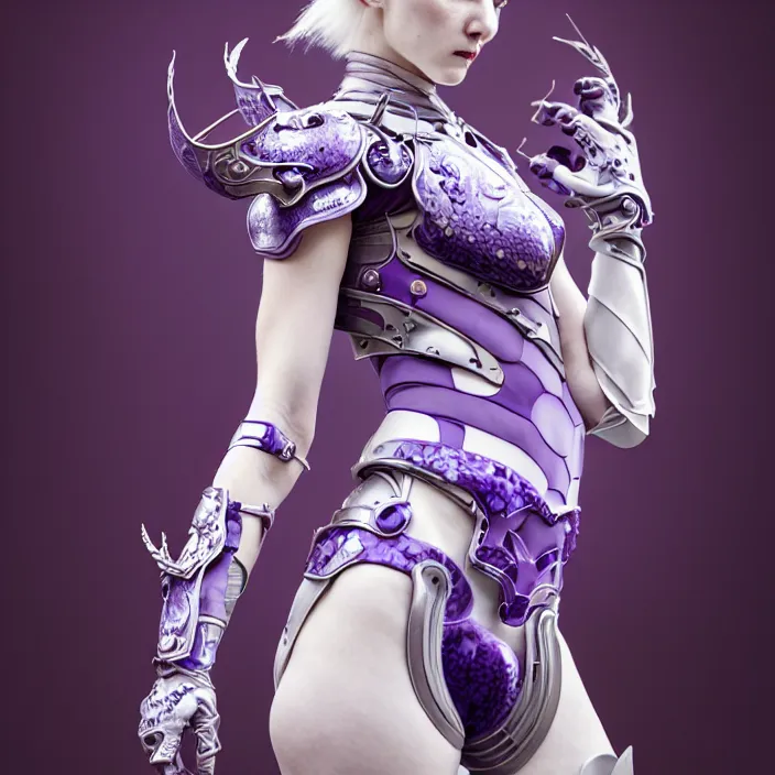 Image similar to porcelain cyborg armor, Chinese Kangxi purple and white fox pattern porcelain, diffuse lighting, fantasy, intricate, elegant, highly detailed, lifelike, photorealistic, digital painting, artstation, illustration, concept art, smooth, sharp focus, art by John Collier and Albert Aublet and Krenz Cushart and Artem Demura and Alphonse Mucha