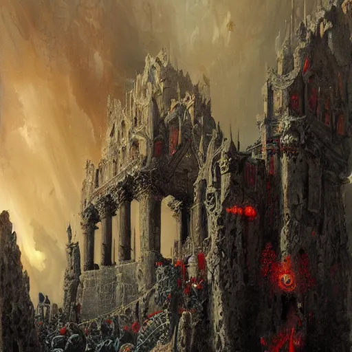 Image similar to the holy castle of Persephone along with hades, bright in fury, red and blue, with demon statues, hyperdetailed, artstation trending, world renowned artists, worth1000.com, historic artworks society, antique renewel, cgsociety, by greg rutkowski, by Gustave Dore, Deviantart