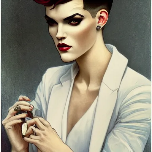 Image similar to beautiful portrait of androgynous ruby rose as desire from sandman in a white tuxedo!!!, rockabilly style,, by alphonse mucha, by jeremy mann, by peter lindbergh, cedric peyravernay, by frank moth, white suit and black tie, soft lightning, high detailed, 8 k