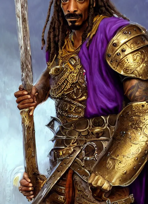 Image similar to snoop dogg as a barbarian, short beard, grumpy, intricate plate armor, purple robes, Ivan Aivakovsky, Boris Vallejo, epic fantasy character art, D&D Concept Art, full length, Realistic, Regal, Refined, Detailed Digital Art, Oil Paining, Exquisite detail, post-processing, masterpiece, Cinematic Lighting, Unreal Engine, 8k, HD, Stanley Artgerm Lau, WLOP, Rossdraws, Frank Frazetta, Andrei Riabovitchev, Marc Simonetti, trending on artstation,