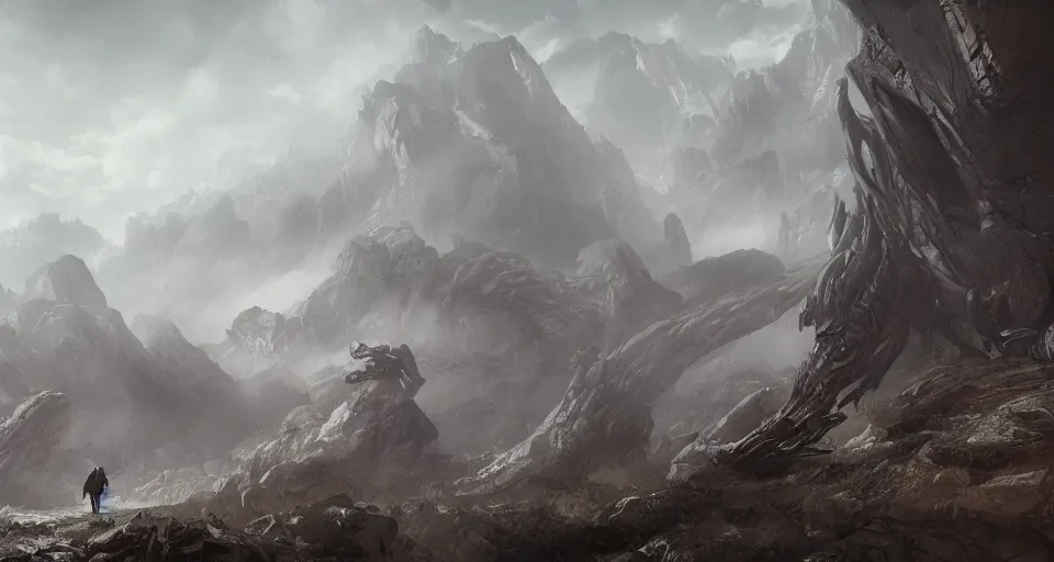 Prompt: a giant eldritch monster crawling across a misty mountainous landscape, dramatic lighting, illustration by francois baranger, greg rutkowski, yoji shinkawa, 4 k, digital art, concept art, trending on artstation