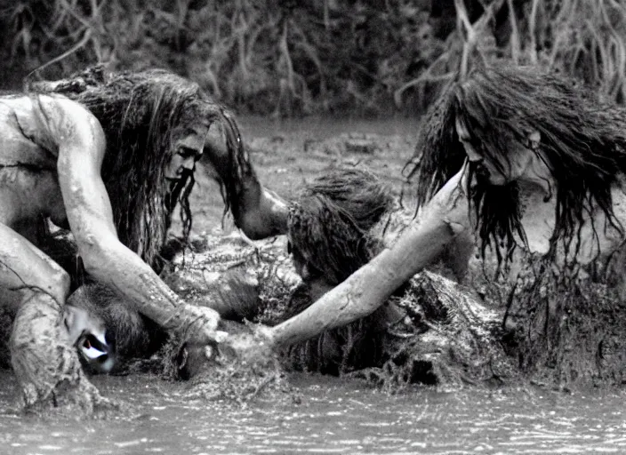 Image similar to 2 cavewomen mud wrestling t, movie still, from the movie quest for fire, 8 k, realistic