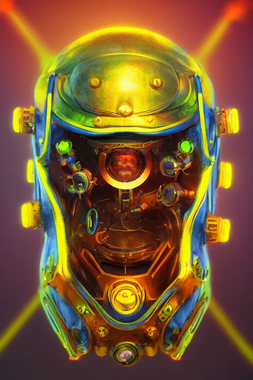 Image similar to colorful vivid steampunk mask minimalist fantasy art robot ninja helmet, global illumination ray tracing hdr fanart arstation by sung choi and eric pfeiffer and gabriel garza and casper konefal radiating a glowing aura