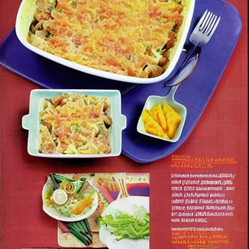 Prompt: enormous tuna casserole with unusual colorful ingredients, seventies era, high resolution magazine scan