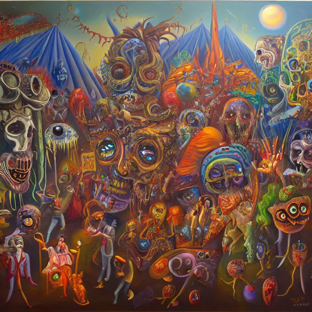 Prompt: an oil on canvas painting of the carnival of nightmares, polycount, surrealism, surrealist, cosmic horror, high detail