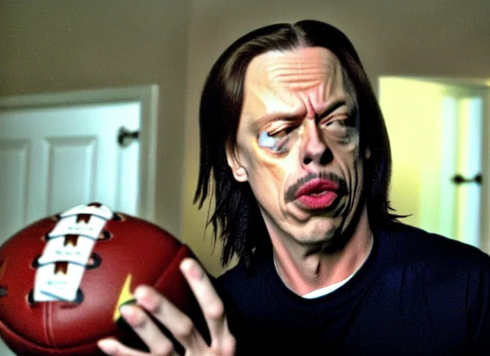Prompt: steve buscemi passing an American football to mark in a still from the movie The Room (2003)