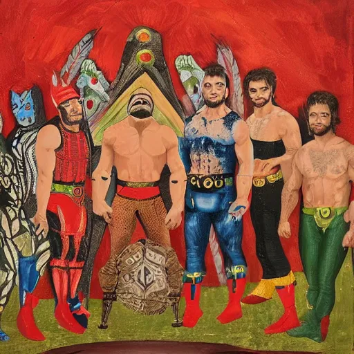 Image similar to lucha bros versus the young bucks aew, medieval painting, oil painting
