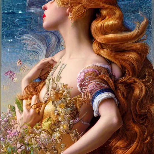 Image similar to photo realistic, hyper realism, lady gaga artpop act ii album, intricate detail, hyper detail, gaston bussiere, sandro botticelli style, with honey light brown rapunzel hair, detailed, masterpiece, sharp focus,