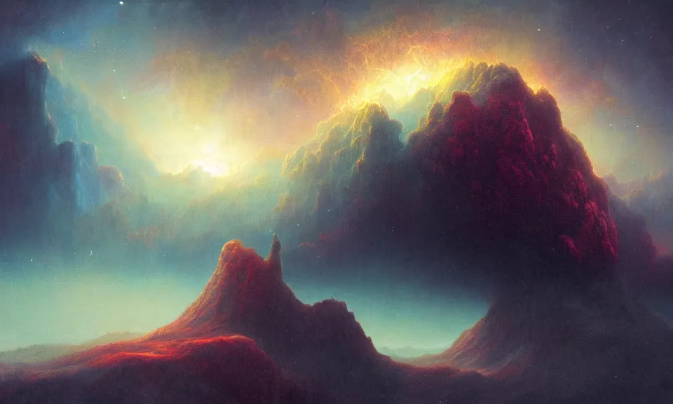 Prompt: A highly detailed 4K fantasy matte painting of a nebula in the sky mountains, zdzislaw beksinski, ArtStation, CGSociety, Unreal Engine