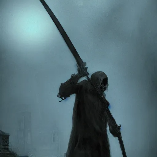 Prompt: death with a scythe on his shoulder walking surrounded by wandering souls, house garden, dramatic lighting, cinematic, establishing shot, extremly high detail, photorealistic, night, fog, post processed, concept art, artstation, 1 9 0 0's photo, style by greg rutkowsky