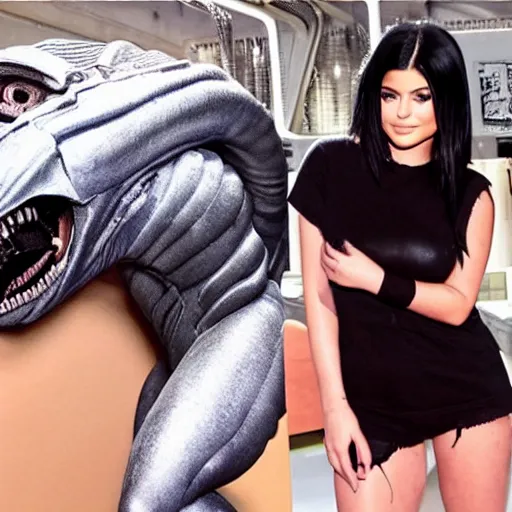 Image similar to kylie jenner held menacingly by an xenomorph, highly detailed, photorealistic, hyper realistic, slime, saliva, smooth