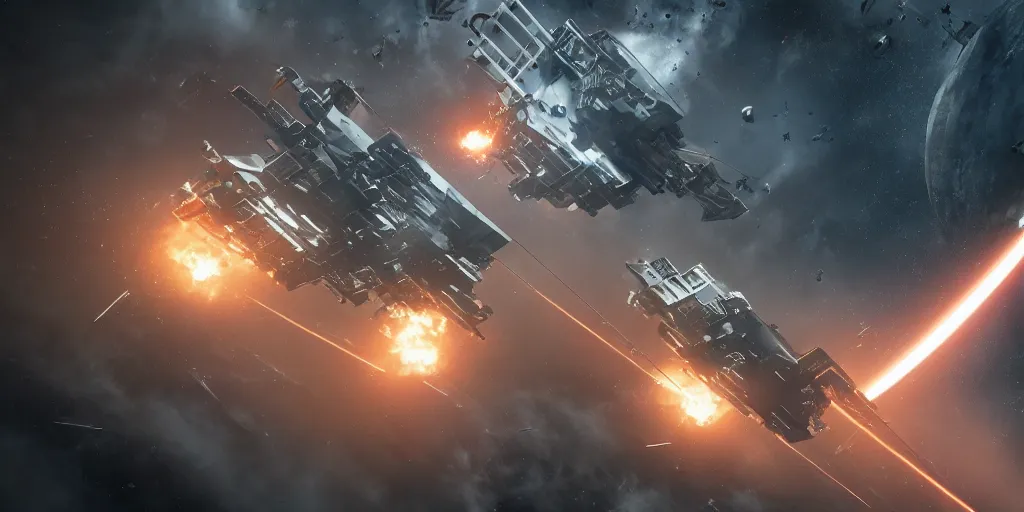 Image similar to dramatic spacecraft battle scene, sci-fi movie shot, ultra detailed, octane render, laser fire and explosions, 8k