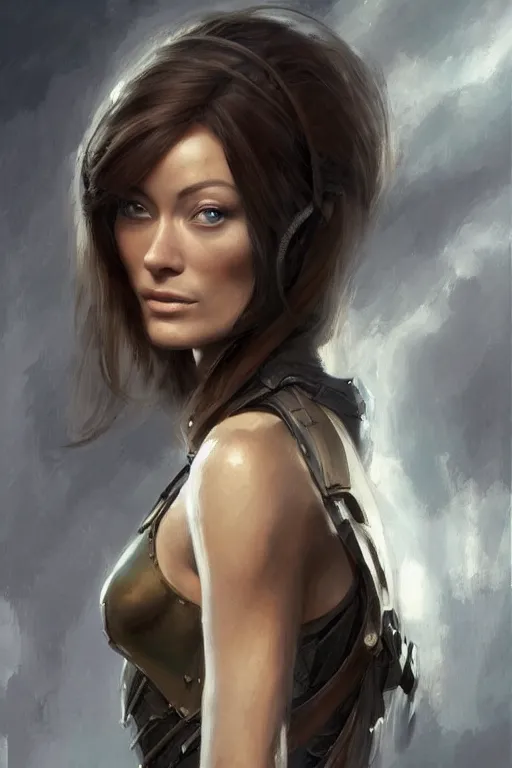 Image similar to a professional painting of a young Olivia Wilde, clothes in military armor, olive skin, long dark hair, beautiful bone structure, symmetrical facial features, intricate, elegant, digital painting, concept art, smooth, sharp focus, illustration, from StarCraft by Ruan Jia and Mandy Jurgens and Artgerm and William-Adolphe Bouguerea