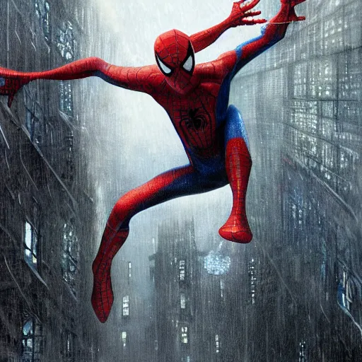 Prompt: Spiderman in a mirror room with no roof, Greg Rutkowski, raining