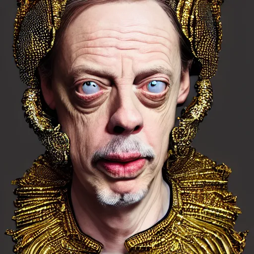 Image similar to 8 5 mm f 1. 8 portrait of steve buscemi wearing an ornate costume by iris van herpen, highly detailed, digital painting, artstation, smooth, sharp foccus, commercial photography, fashion shoot