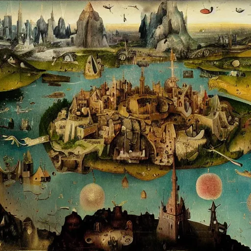 Image similar to a beautiful stunning insanely detailed complex matte painting of a magical mythical city at the edge of the world, by Hieronymus Bosch and Jim B