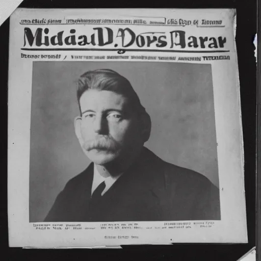 Image similar to newspaper photo from 40s of a stern looking slim medical doctor with a regualar mustache and sidecut hair toupet