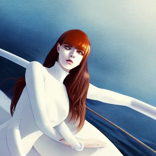 Prompt: beautiful pale vampire with auburn hair in a white turtleneck dress, on a super yacht, by guweiz and wlop and ilya kuvshinov and and moebius and bilal and artgerm, symmetrical eyes, aesthetic, gorgeous, stunning, alluring, attractive, artstation, deviantart, pinterest, digital art